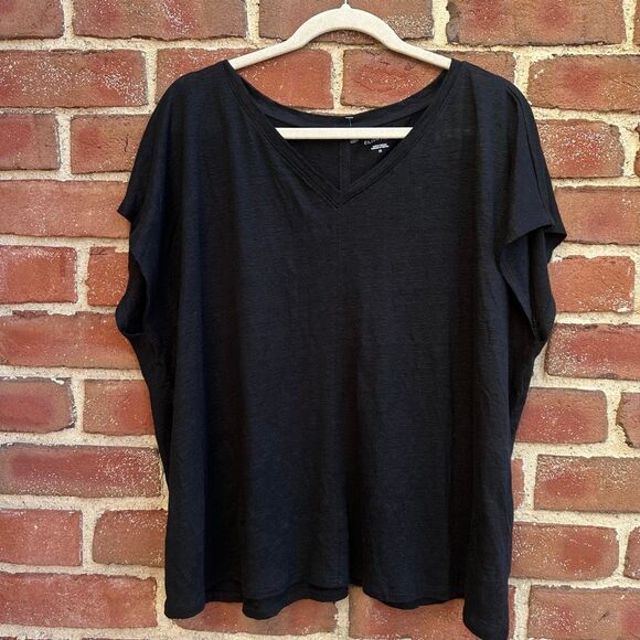 Eileen Fisher $118 Organic Linen Jersey V-Neck Boxy Tee black 2X NEW - Picture 1 of 11